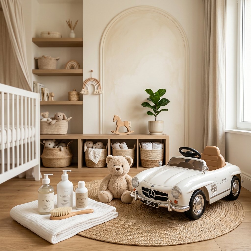 Luxury baby nursery background with white ride-on car and teddy bear